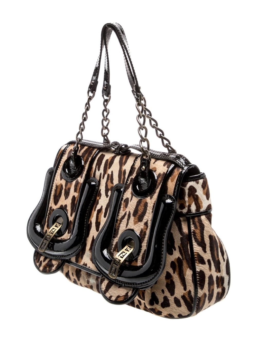 Fendi 2006 Leopard Pony Hair Patent Leather B Bag Shoulder Bag